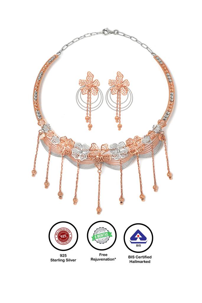 Silberry 925 Sterling Silver 18K Two Tone Rose Gold Dazzling Necklace Set : S145