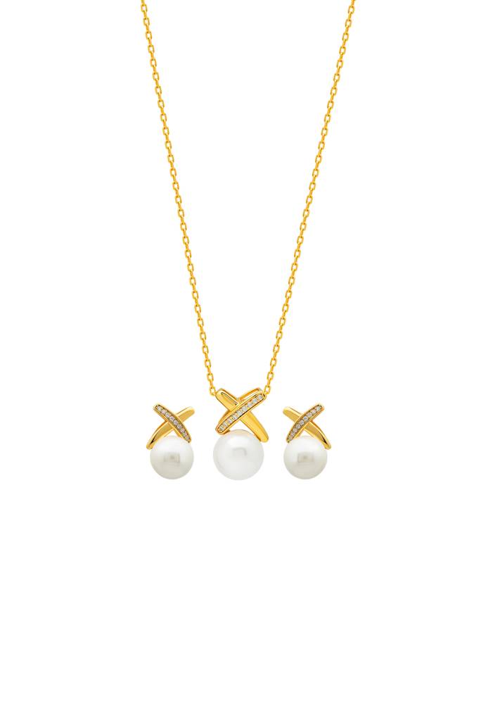Silberry 925 Sterling Silver 18K Gold Plated Enchanted Pearl Necklace Set : S226
