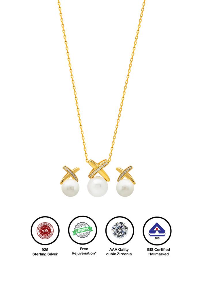 Silberry 925 Sterling Silver 18K Gold Plated Enchanted Pearl Necklace Set : S226
