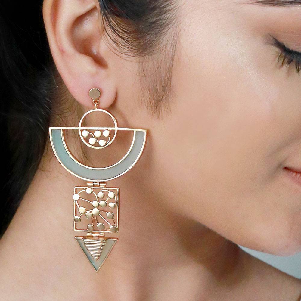 Gold Toned Semi-Circular Drop Earrings With Cyan Acrylic Arc & Dotted Coil Details : S6379