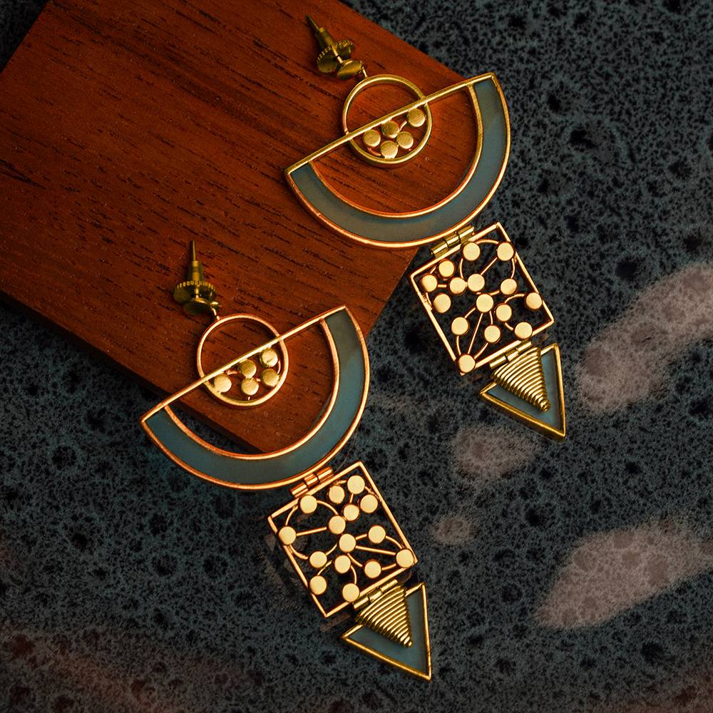 Gold Toned Semi-Circular Drop Earrings With Cyan Acrylic Arc & Dotted Coil Details : S6379