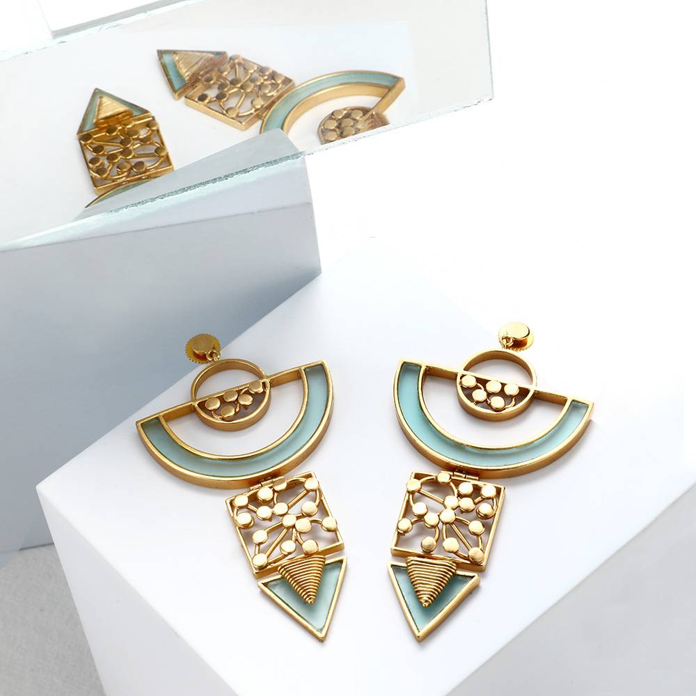 Gold Toned Semi-Circular Drop Earrings With Cyan Acrylic Arc & Dotted Coil Details : S6379