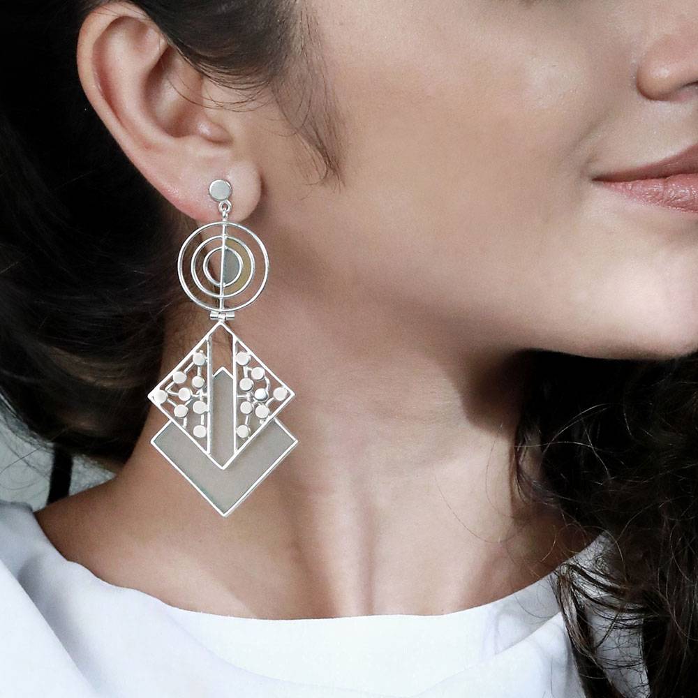 Silver Toned Cyan Acrylic Rhombus Drop Earrings With Split Dotted Detail  Gold Mixed Metal