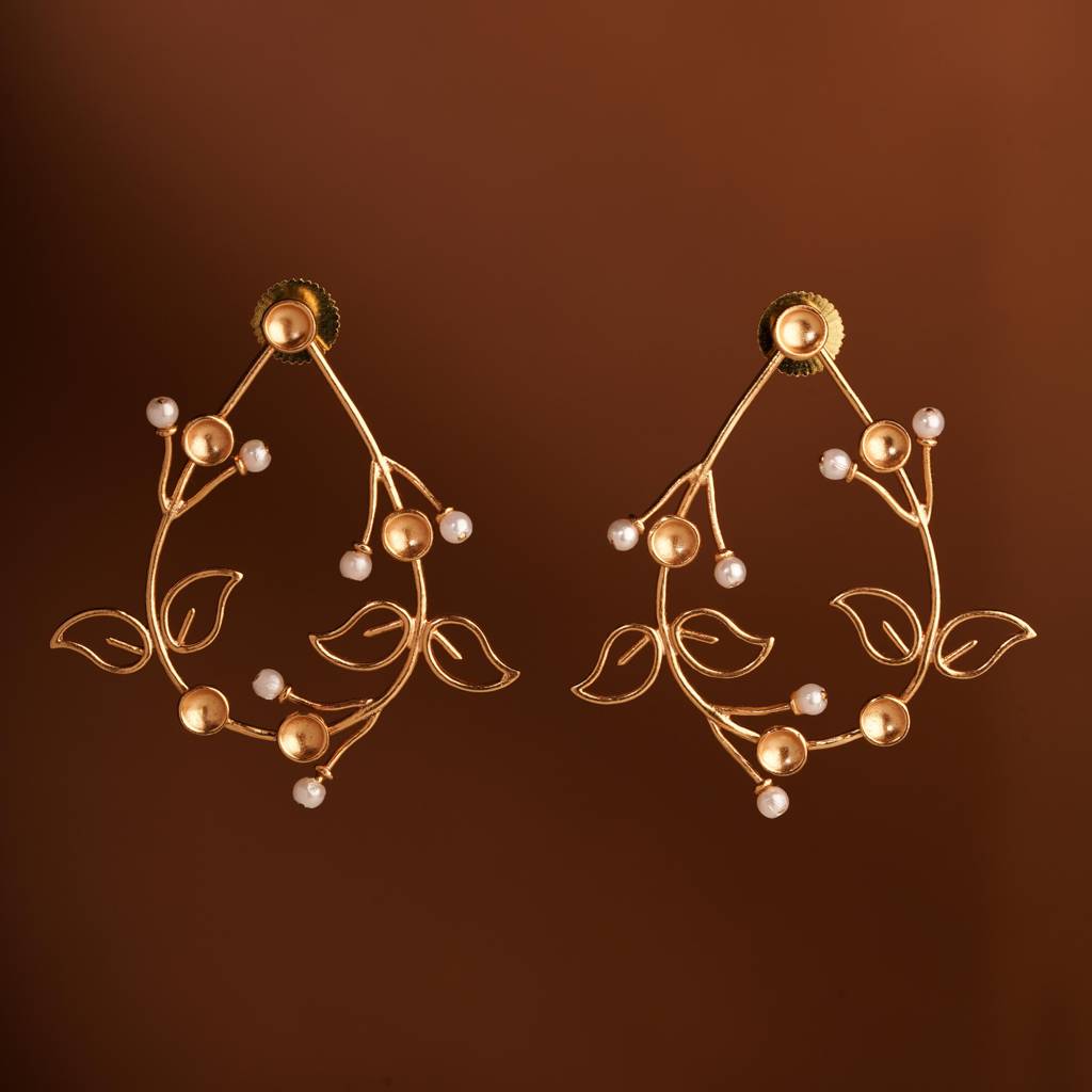 Fern Dynasty Gold Plated Drop Stud Earrings : S8743