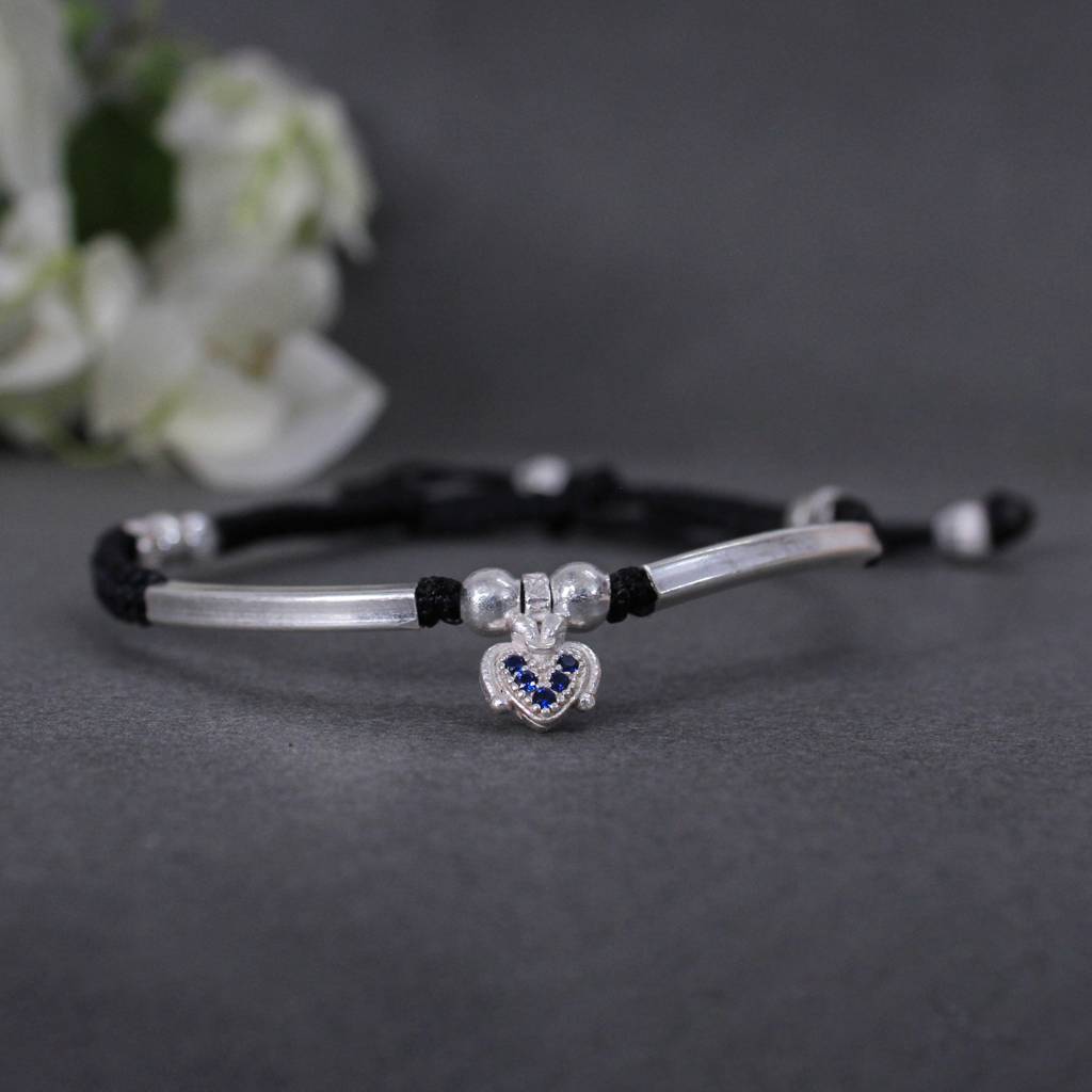 925 Sterling Silver Adjustable Anklet With Black Cord And Heart Charm : SANK001