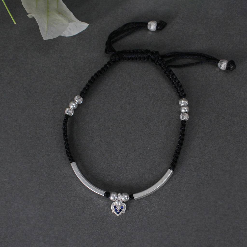 925 Sterling Silver Adjustable Anklet With Black Cord And Heart Charm : SANK001