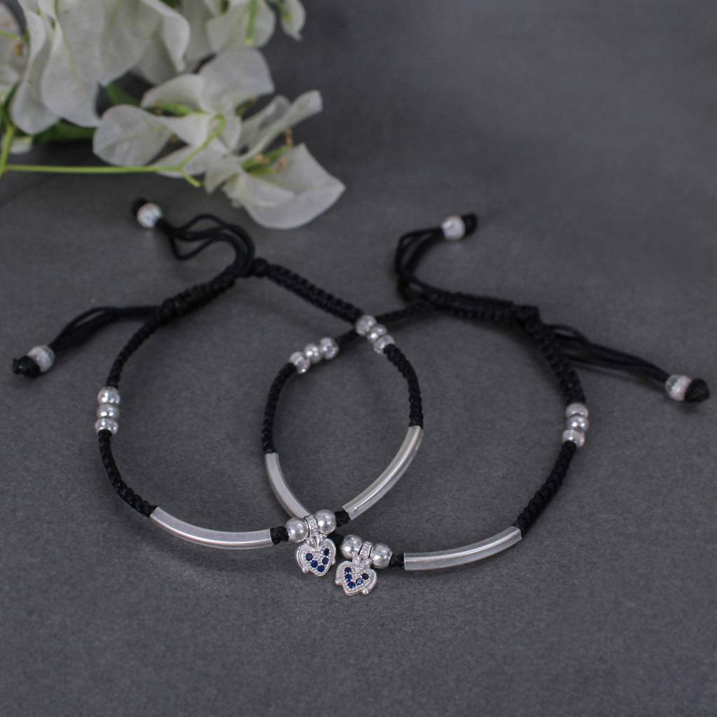 925 Sterling Silver Adjustable Anklet With Black Cord And Heart Charm : SANK001