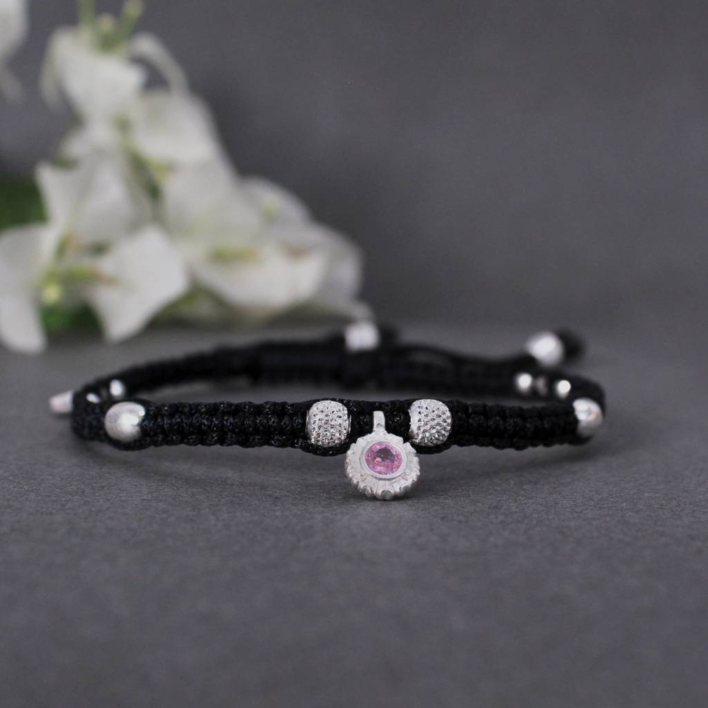 Adjustable 925 Sterling Silver Anklet With Black Cord And Pink Gemstone : SANK005