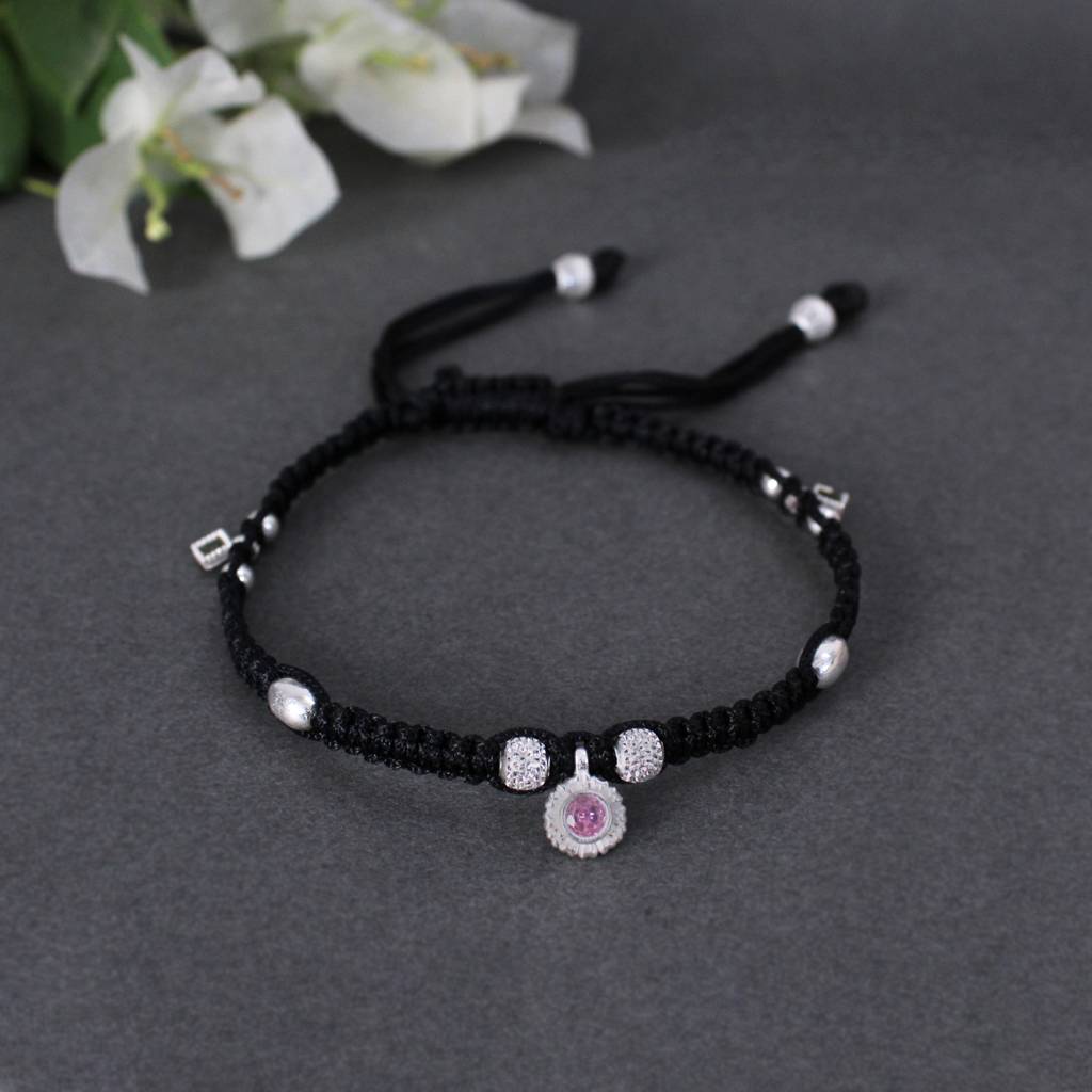 Adjustable 925 Sterling Silver Anklet With Black Cord And Pink Gemstone : SANK005
