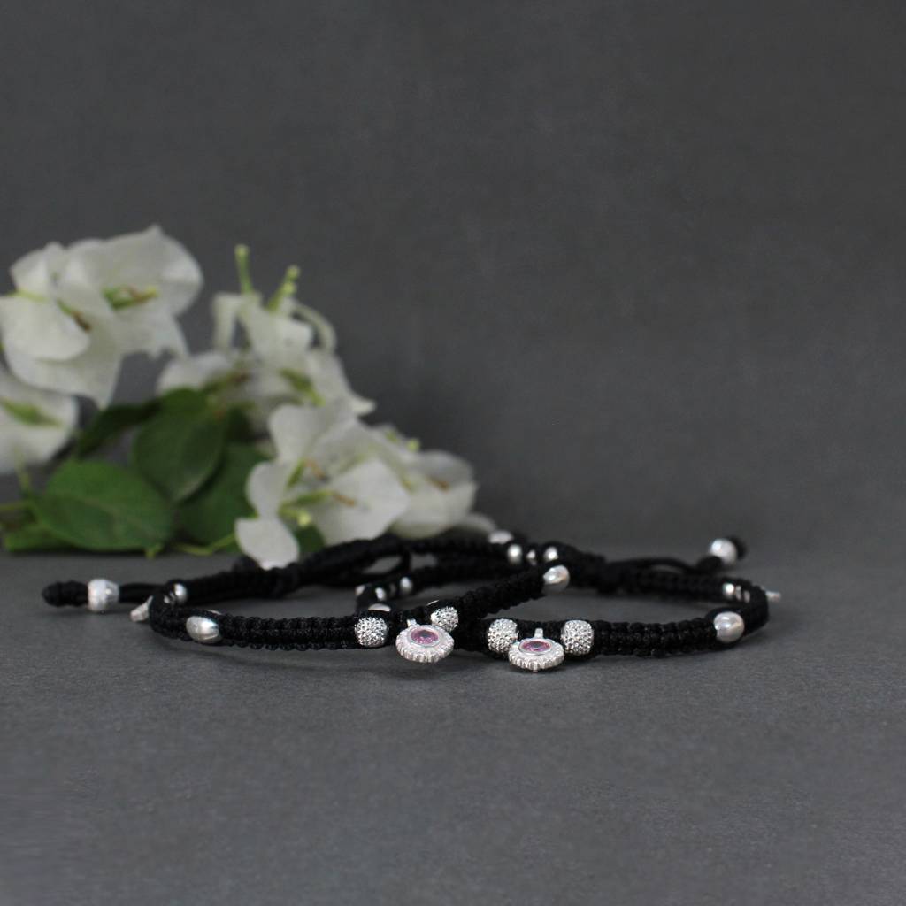 Adjustable 925 Sterling Silver Anklet With Black Cord And Pink Gemstone : SANK005