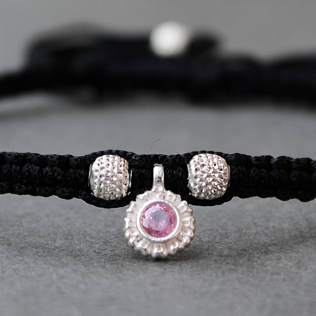 Adjustable 925 Sterling Silver Anklet With Black Cord And Pink Gemstone : SANK005