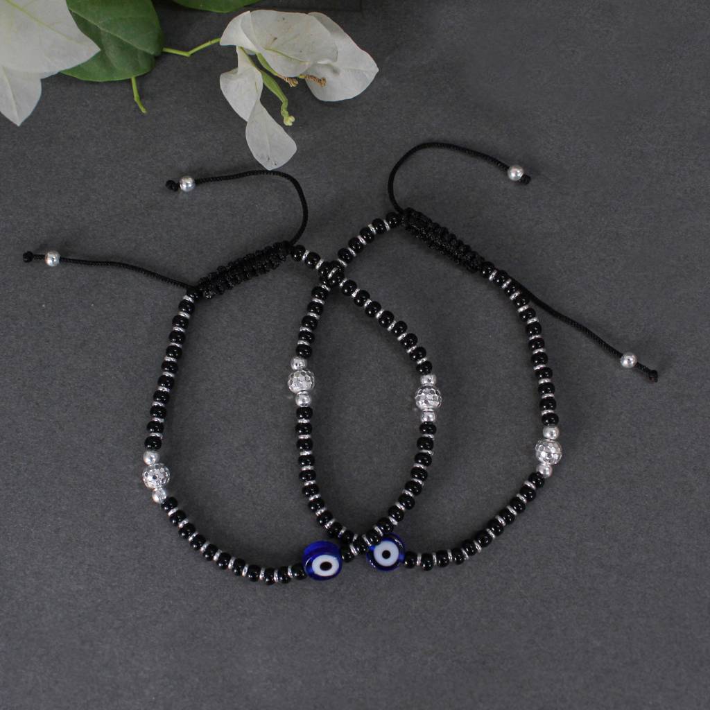 925 Sterling Silver Evil Eye Adjustable Anklets With Black Cord : SANK006