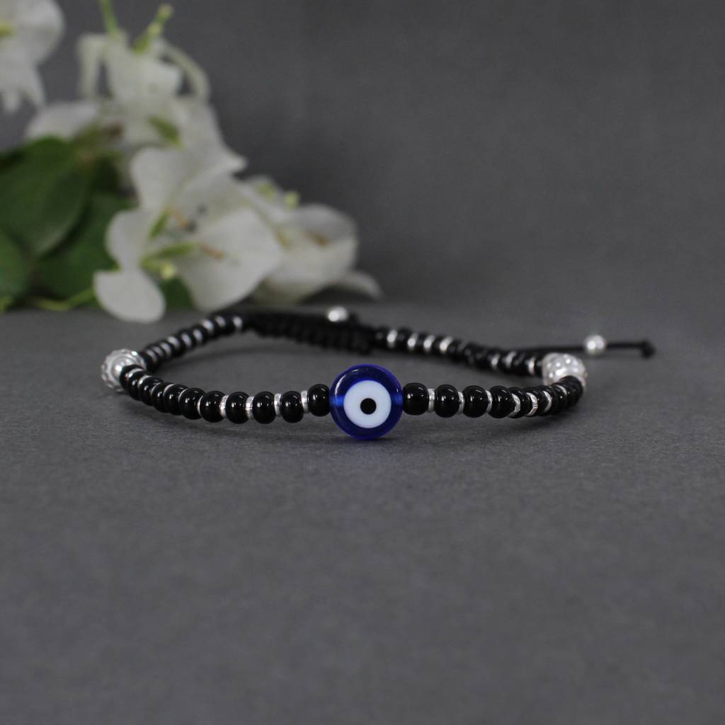 925 Sterling Silver Evil Eye Adjustable Anklets With Black Cord : SANK006
