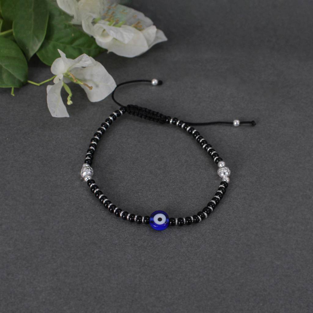 925 Sterling Silver Evil Eye Adjustable Anklets With Black Cord : SANK006