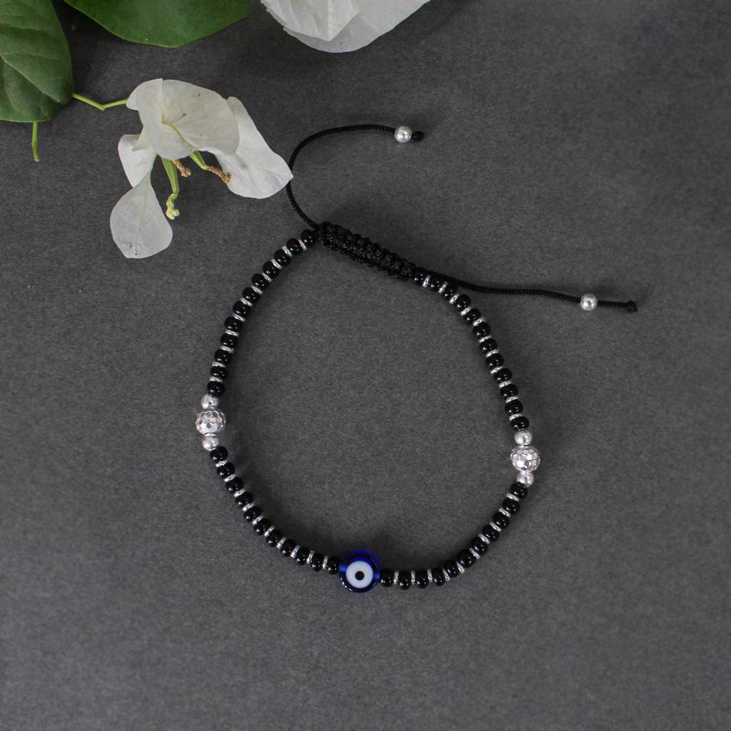 925 Sterling Silver Evil Eye Adjustable Anklets With Black Cord : SANK006