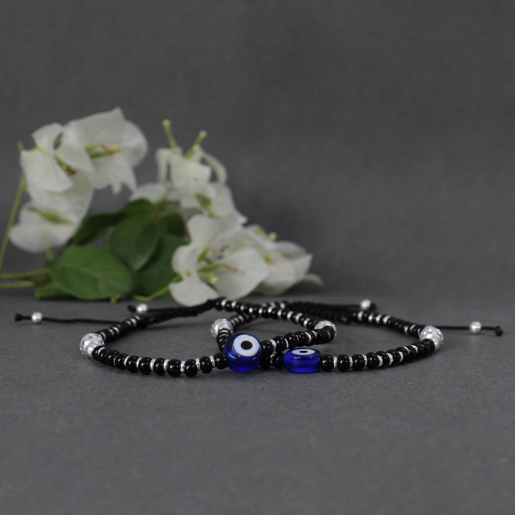925 Sterling Silver Evil Eye Adjustable Anklets With Black Cord : SANK006