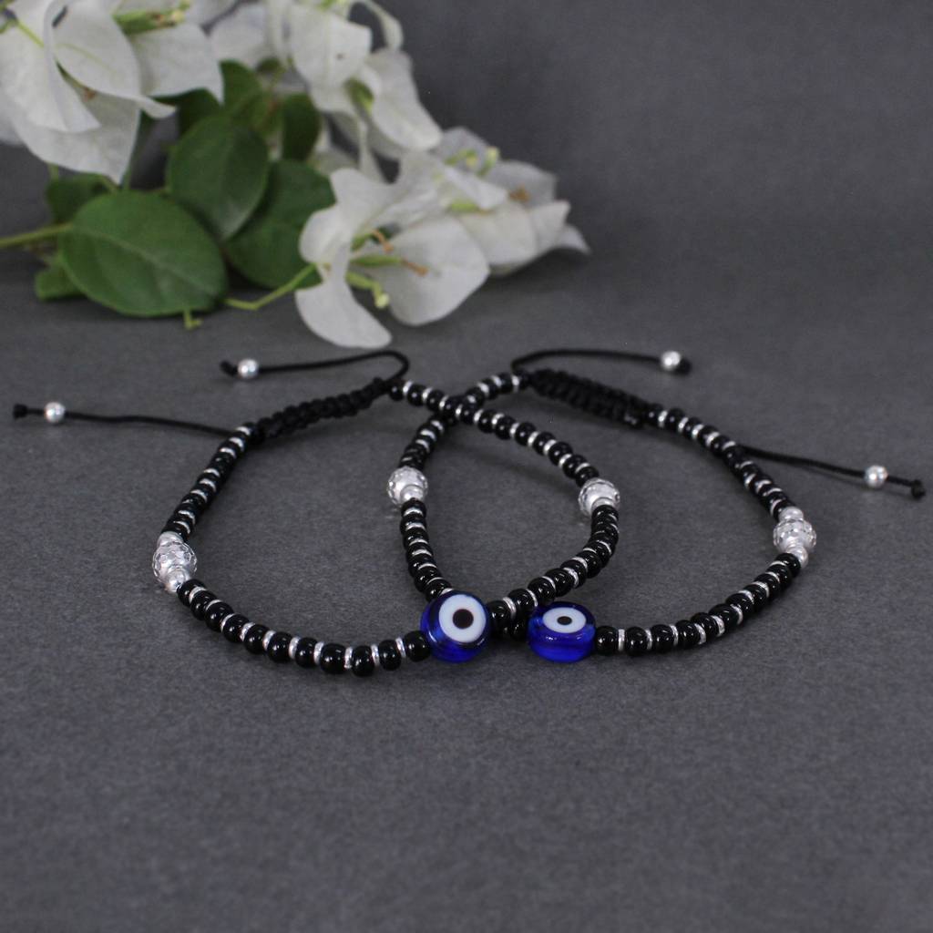 925 Sterling Silver Evil Eye Adjustable Anklets With Black Cord : SANK006