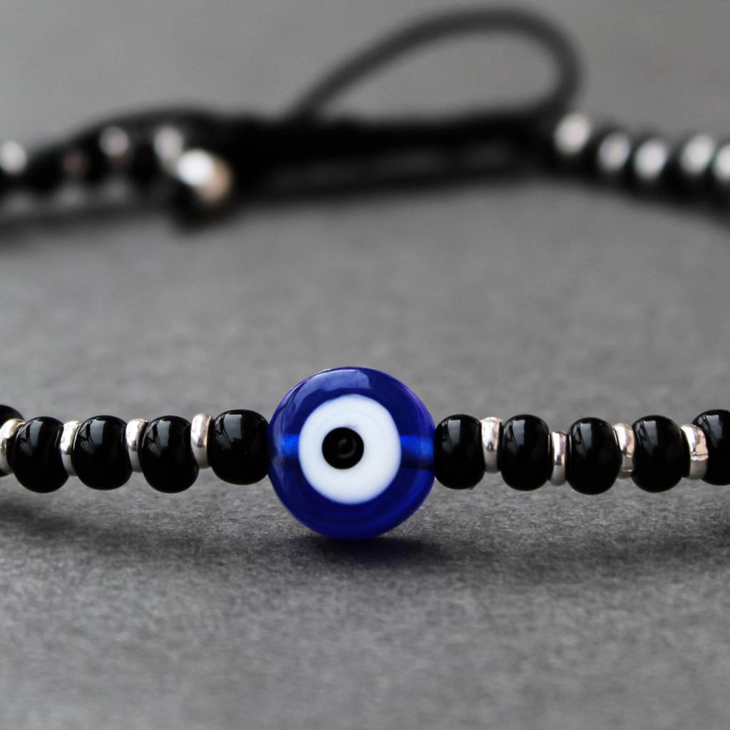 925 Sterling Silver Evil Eye Adjustable Anklets With Black Cord : SANK006