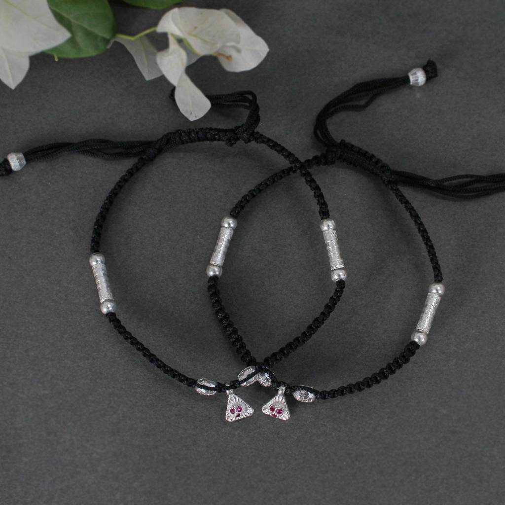 925 Silver Adjustable Anklet With Beaded Cord And Ruby Pendant : SANK007