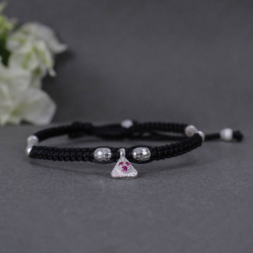 925 Silver Adjustable Anklet With Beaded Cord And Ruby Pendant : SANK007
