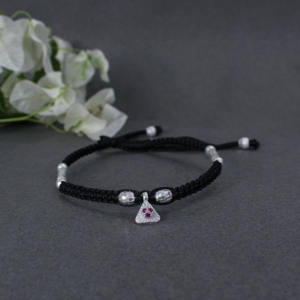925 Silver Adjustable Anklet With Beaded Cord And Ruby Pendant : SANK007