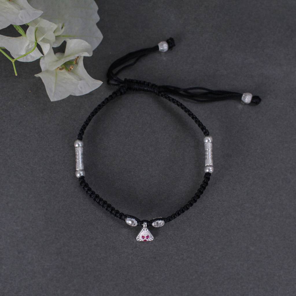 925 Silver Adjustable Anklet With Beaded Cord And Ruby Pendant : SANK007