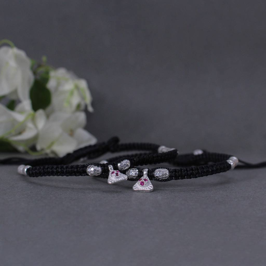 925 Silver Adjustable Anklet With Beaded Cord And Ruby Pendant : SANK007