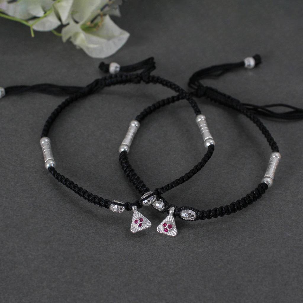 925 Silver Adjustable Anklet With Beaded Cord And Ruby Pendant : SANK007
