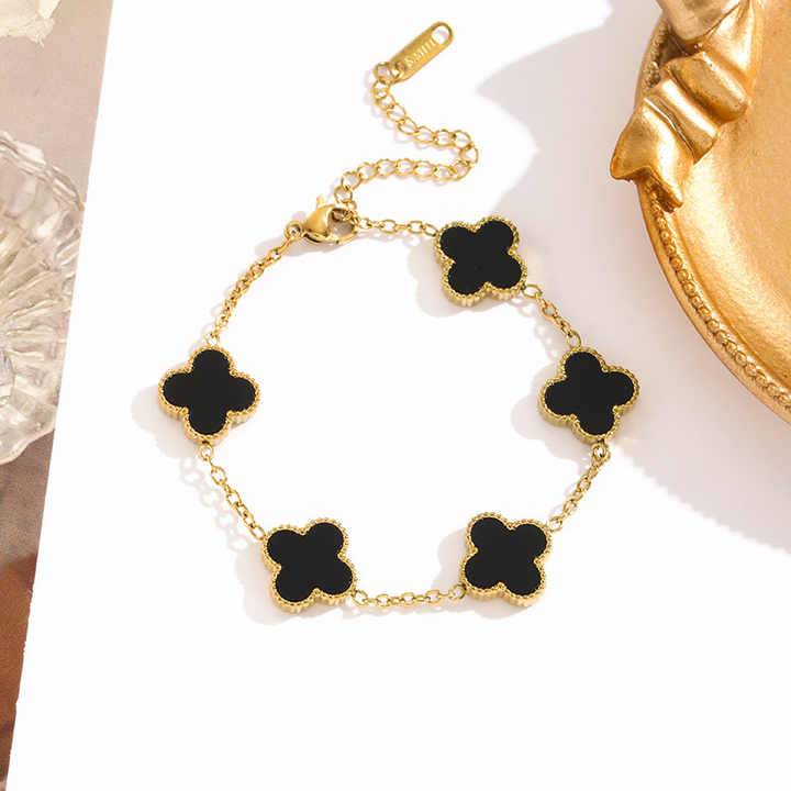 Gold Plated Stainless Steel Black Clover Bracelets : (S)B-CL-1-0