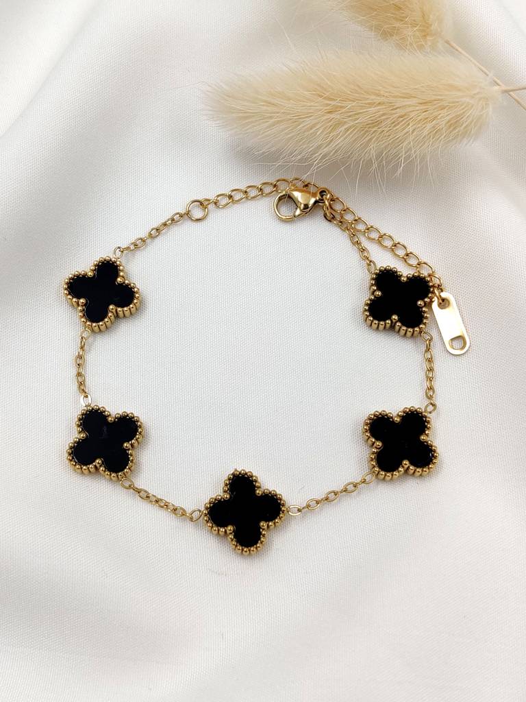 Gold Plated Stainless Steel Black Clover Bracelets : (S)B-CL-1-0
