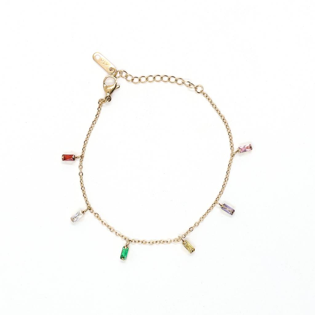 Gold Plated Stainless Steel Rainbow Crystal Charm Bracelet : (S)B-CR-3-0