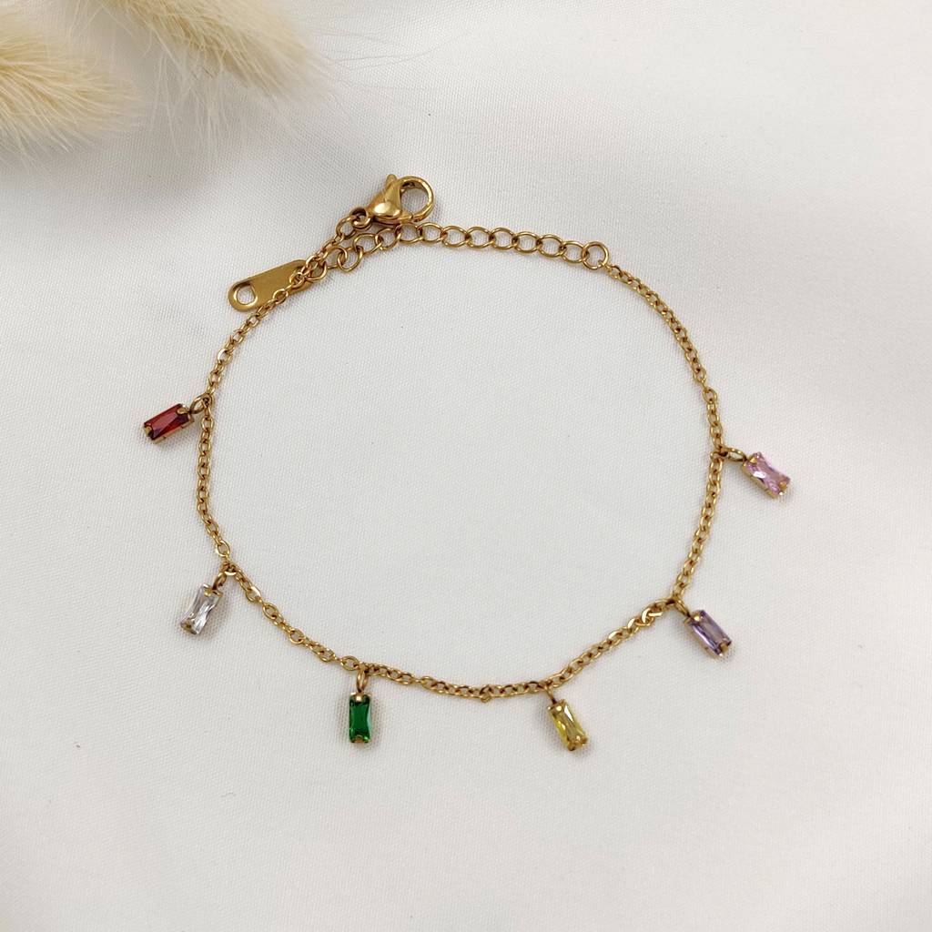 Gold Plated Stainless Steel Rainbow Crystal Charm Bracelet : (S)B-CR-3-0
