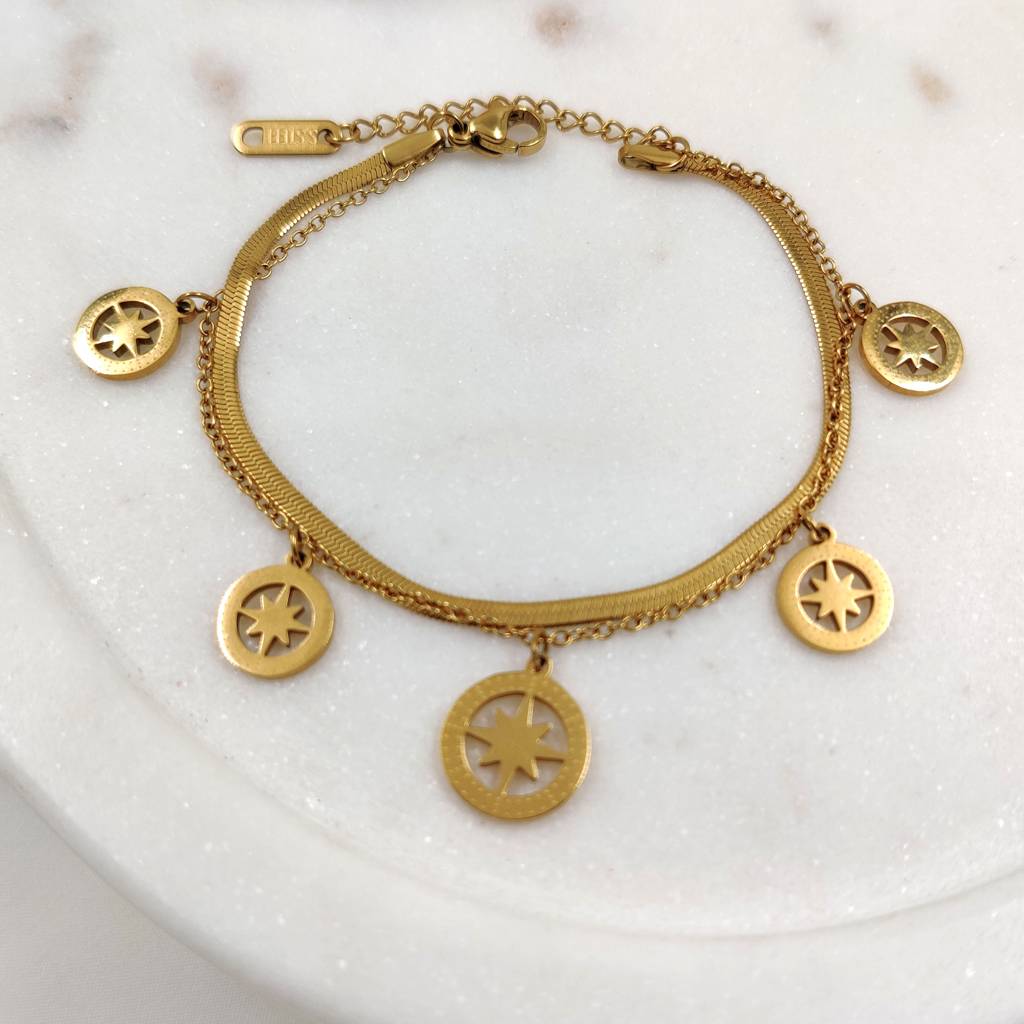 Gold Plated Stainless Steel Compass Charm Bracelet : (S)B-D-2-0