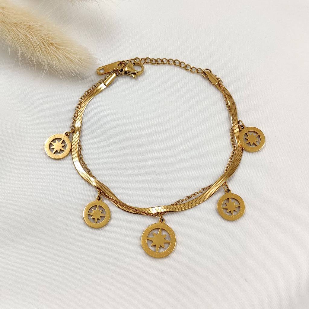 Gold Plated Stainless Steel Compass Charm Bracelet : (S)B-D-2-0