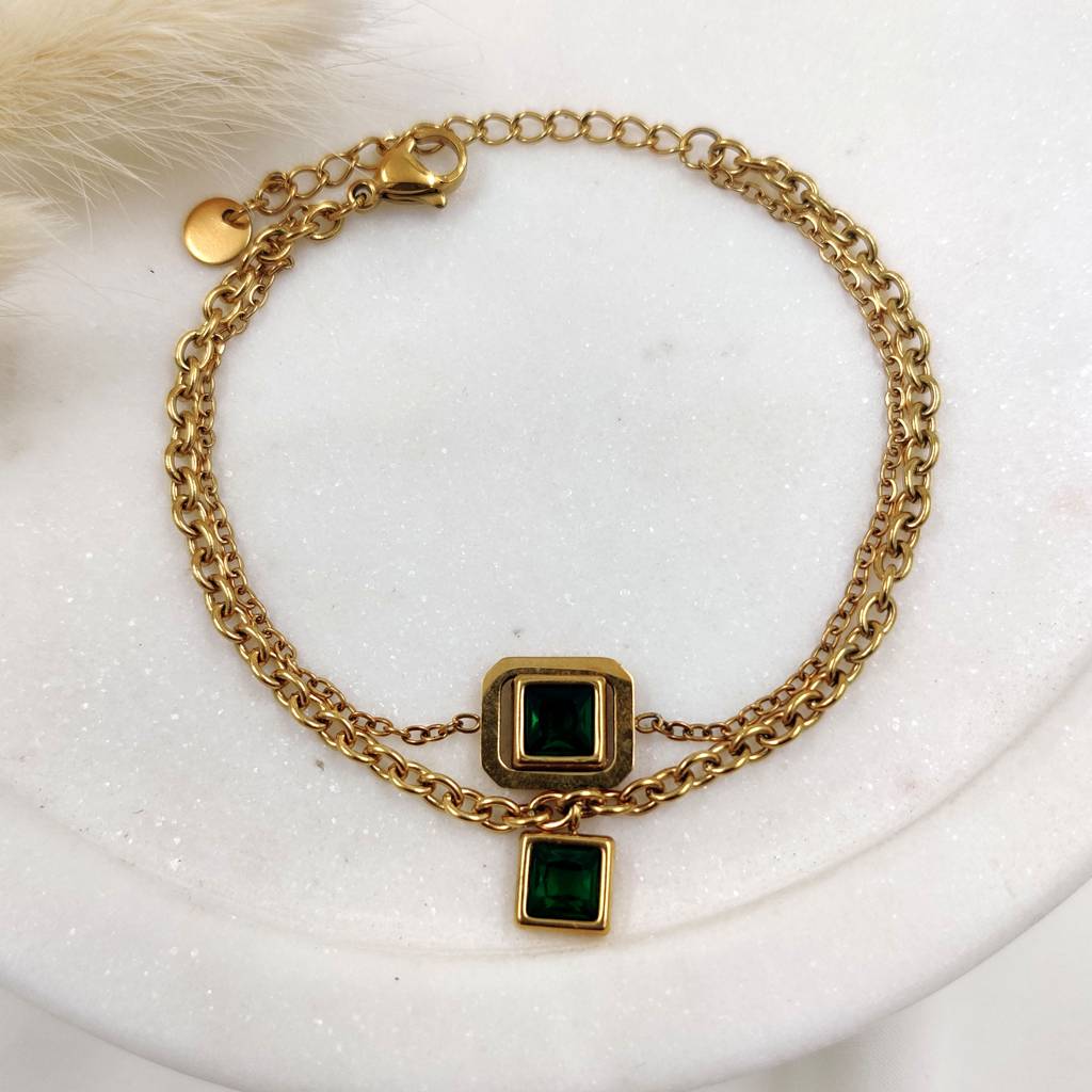 Gold Plated Stainless Steel Valena Emerald Charm Bracelet : (S)B-EM-2-0
