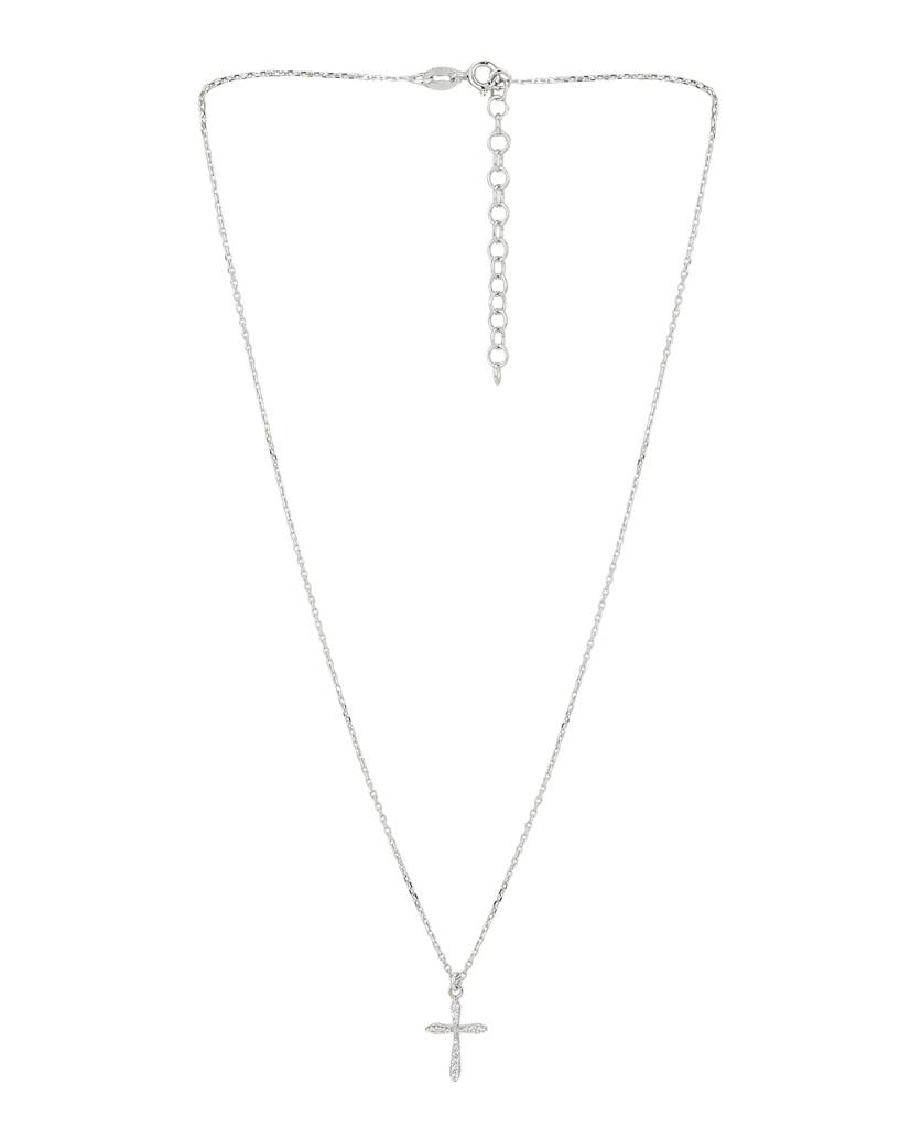Silver-Toned Rhodium-Plated Cz-Studded Cross Dangler Necklace : SB108237N