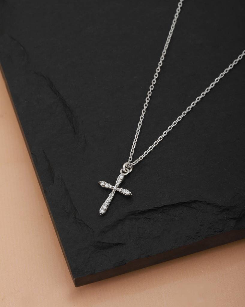 Silver-Toned Rhodium-Plated Cz-Studded Cross Dangler Necklace : SB108237N