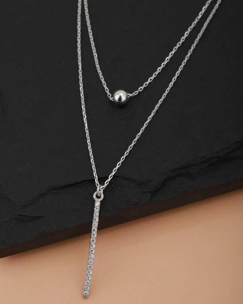 Carlton London Silver-Toned Rhodium-Plated Cz Studded Layered Lariat Necklace : SB118407N