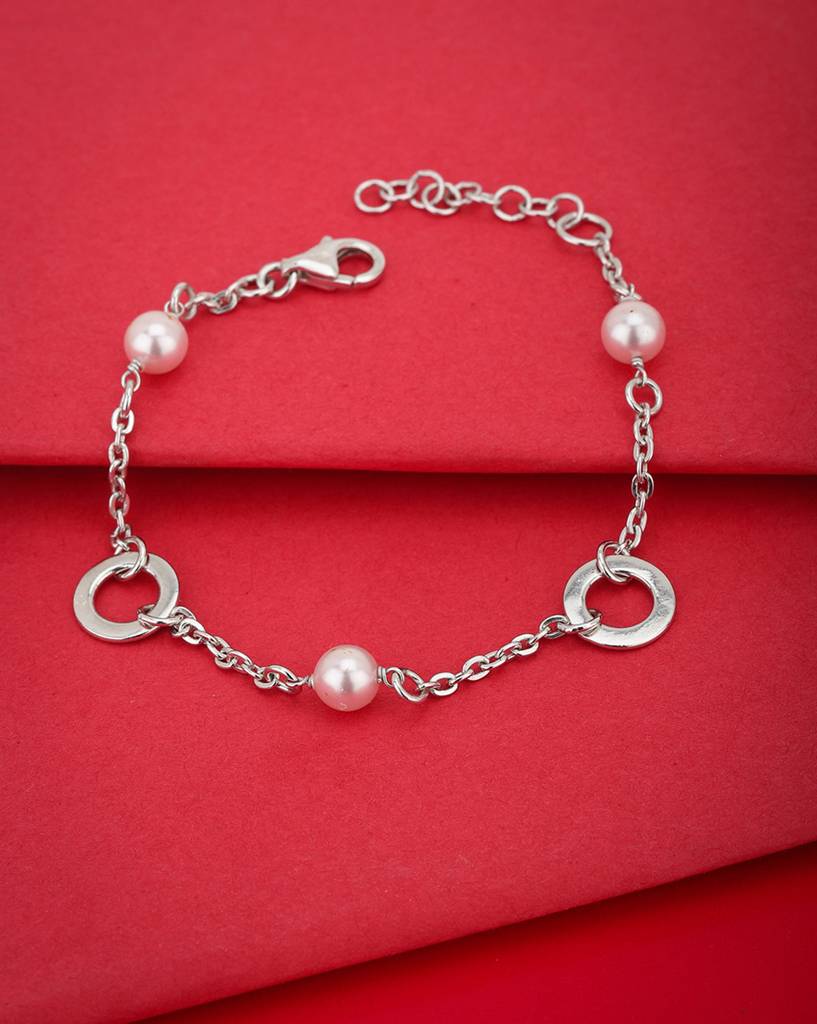 Carlton London Silver-Toned & Light Pink Rhodium-Plated Beaded Link Bracelet : SB1208B