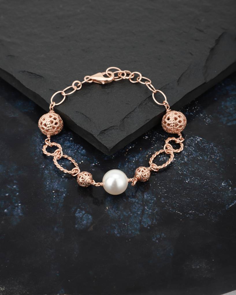 Carlton London Rose Gold-Plated & White Beaded Charm Bracelet : SB2535B