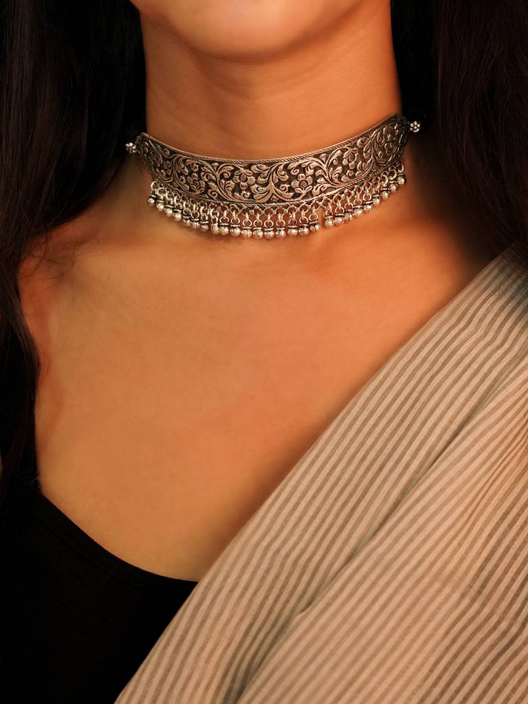 925 Sterling Silver Adya Intricate Flora Chitai Versatile Choker : SN1113