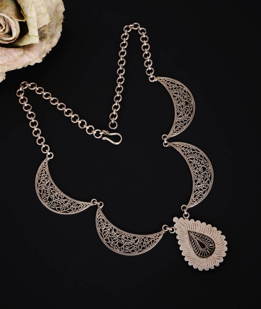 925 Sterling Silver Mizoya Intricate Crescent Moon Drop Necklace Set : SN108-1-1-1