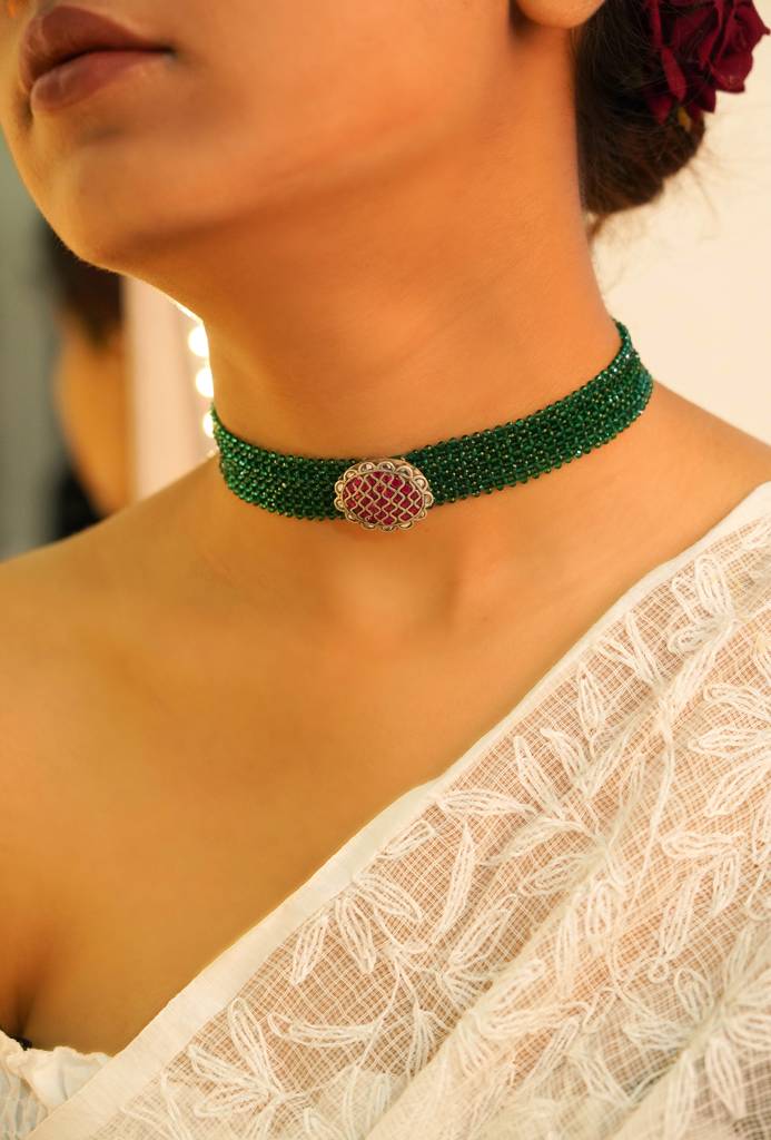 925 Sterling Silver Essence Scintillating Kundan Statement Choker : SN2026-2