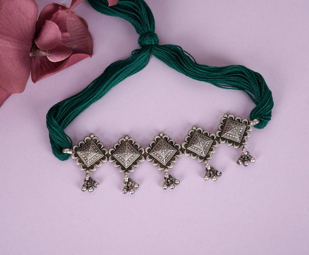 925 Sterling Silver Mizoya Embossed Motif Ghughri Sequence Choker : SN1140-1-1