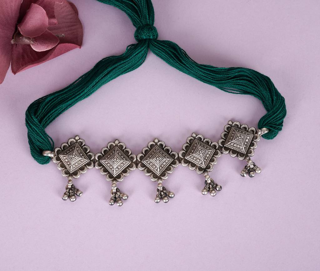 925 Sterling Silver Mizoya Embossed Motif Ghughri Sequence Choker : SN1140-1-1