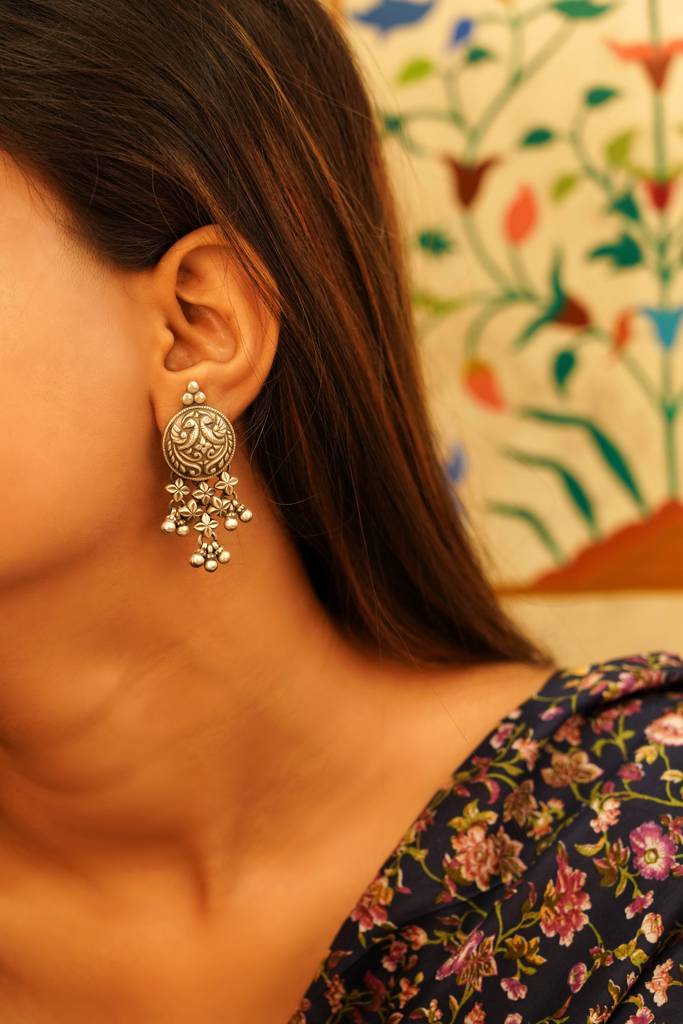 925 Sterling Silver Peacock Motif Jali Ghughri Earring : SE1648