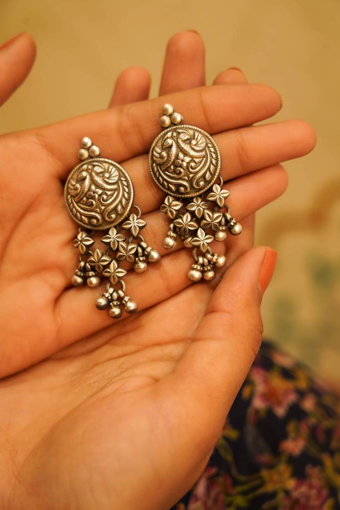 925 Sterling Silver Peacock Motif Jali Ghughri Earring : SE1648