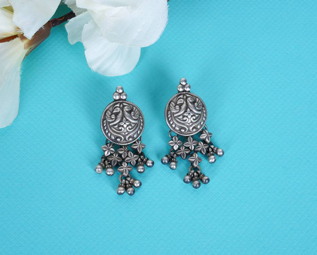 925 Sterling Silver Peacock Motif Jali Ghughri Earring : SE1648