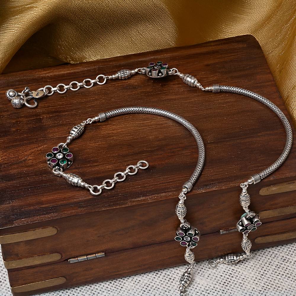 Floral Cluster Silver Anklets (Set Of 2) : SEPA9