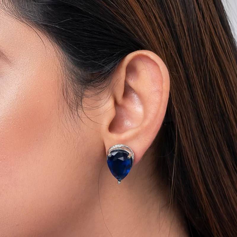 Rhodium-Plated American Diamond Leaf Shaped Studs Earrings